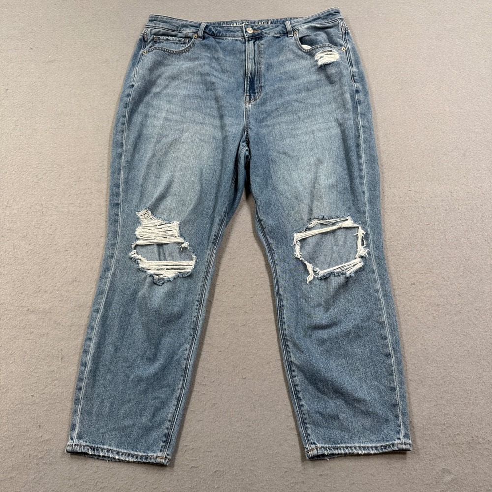 American Eagle Mom Jeans Women's 18 Blue Comfort Stretch High Rise Distressed